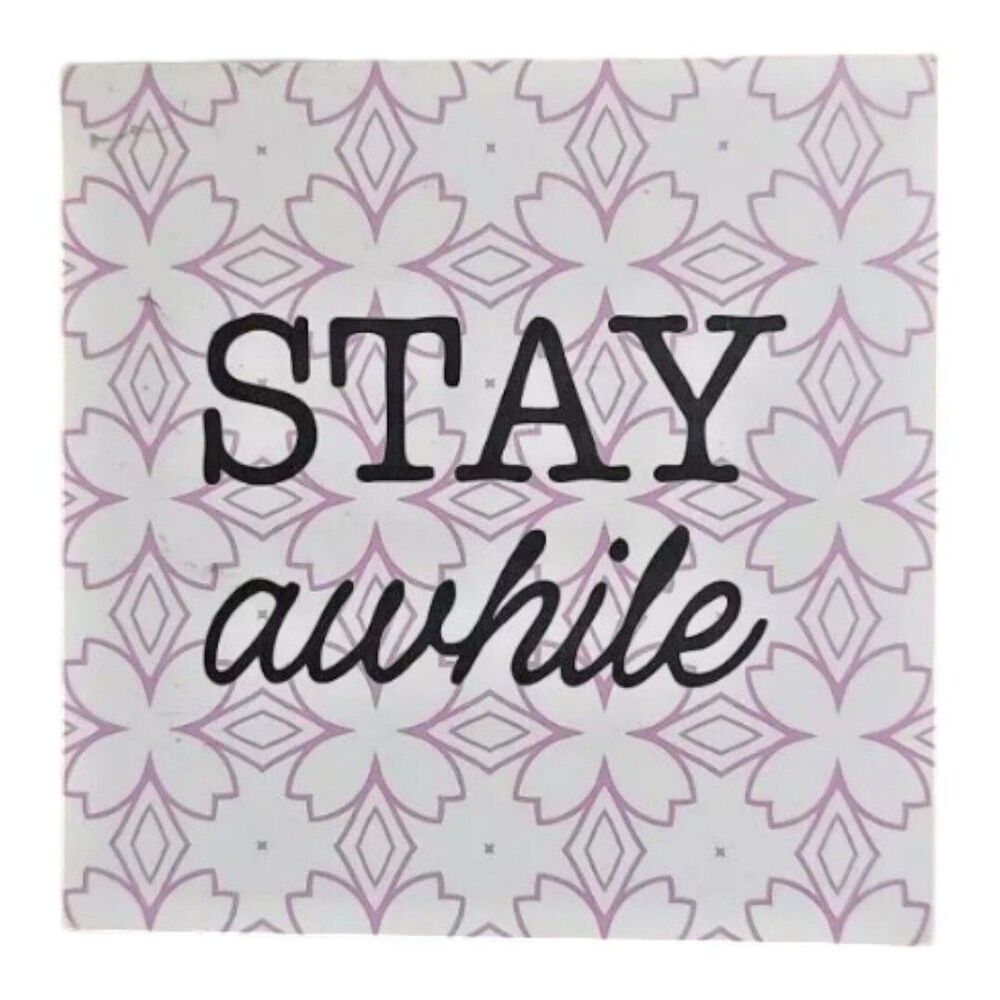 Stay Awhile Wood Word Block Tabletop Decor Sign Freestanding Purple White Floral